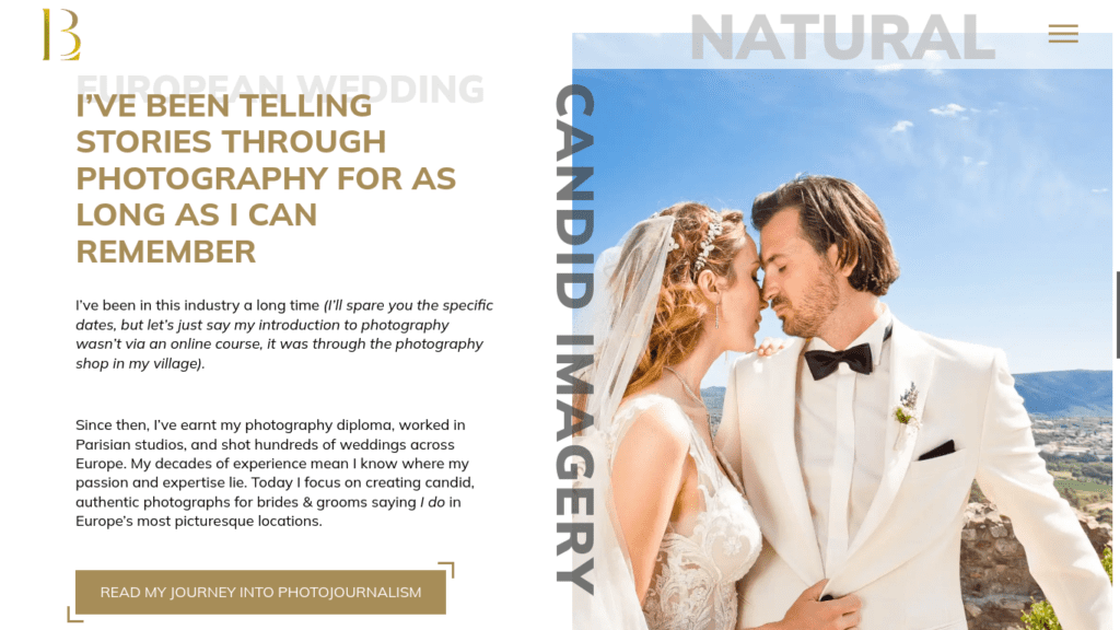 European wedding photographer website explaining his journey into photography and with a call to action to read his full story.