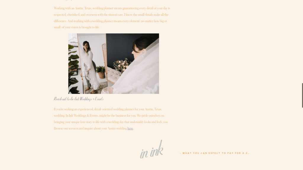 Wedding planner blog on why you need to hire a wedding planner with photograph of her with a veil in the mirror and a services call to action at the bottom of the page.