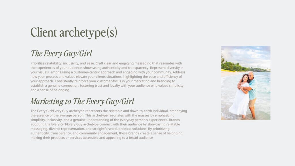 Client archetypes for a Hawaiian wedding photographer. The screenshot of the document is part of a larger brand strategy written by a website copywriter.
