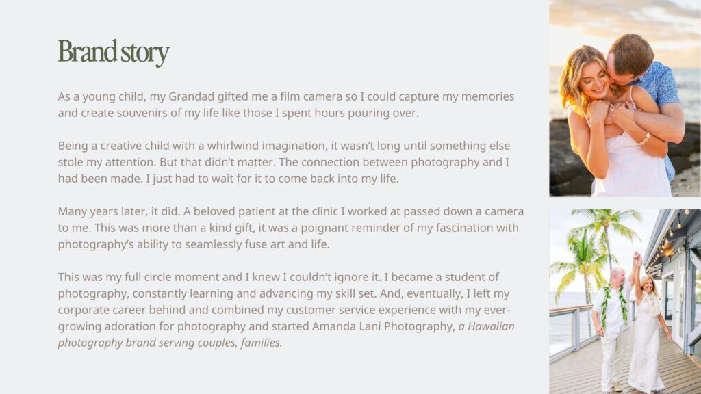 Brand strategy for a Hawaiian wedding and brand photographer covering the brand story. Written by a website copywriter.