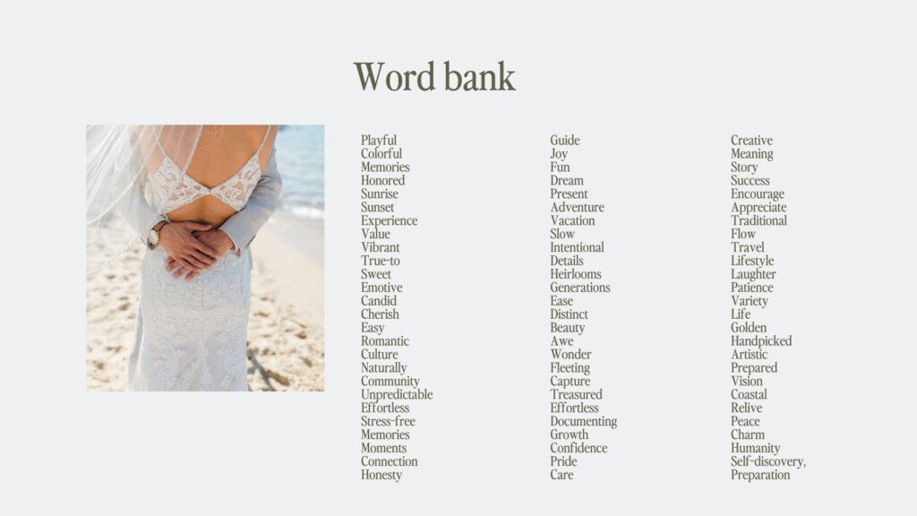 Brand strategy for a Hawaiian wedding and brand photographer covering the brand word bank. Written by a website copywriter.