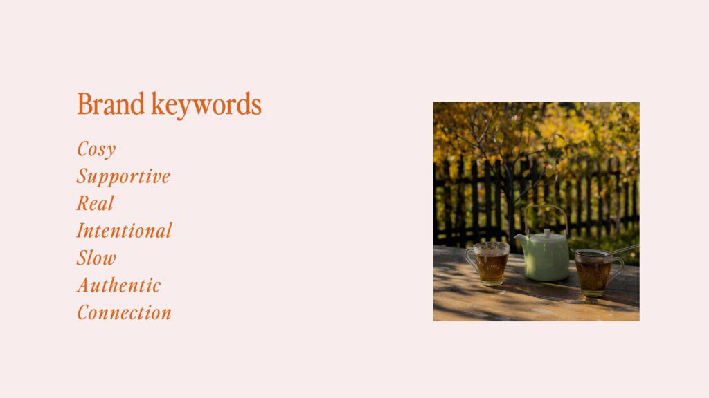 Brand keywords for a Showit website template shop.Screenshot from the brand's brand and messaging guide.