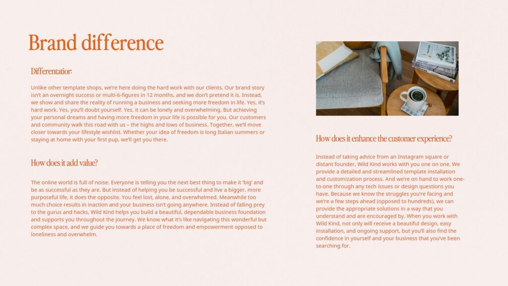 Brand difference for a Showit website template shop. Screenshot from the brand's brand and messaging guide.