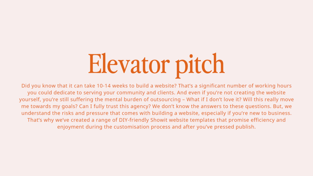 Elevator pitch for a Showit template shop. Screenshot from the brand's brand and messaging guide.