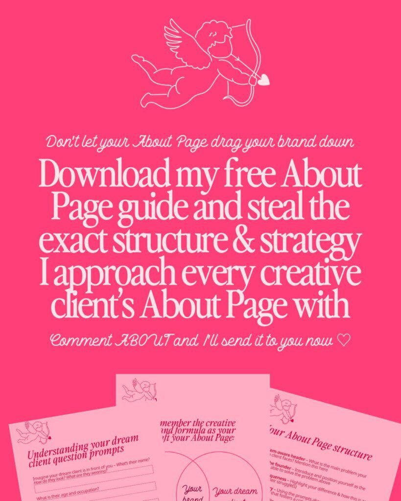 Bright pink background with an illustration of Cupid at the top in white and text underneath that invites small business owners to download a free guide for writing an About Page that converts. At the bottom are three lighter pink worksheets with an outline of what's included in the free resource.