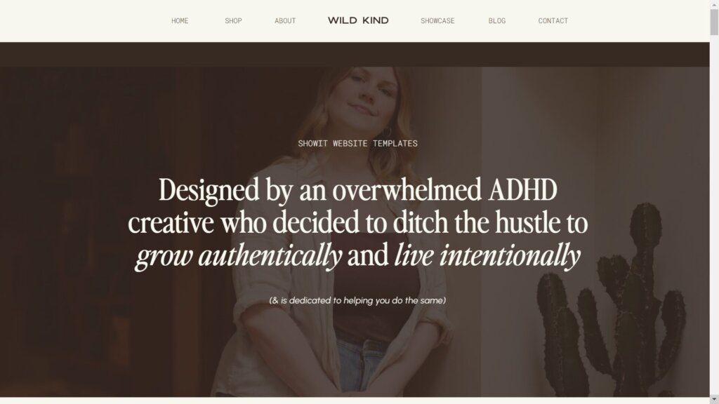 Screenshot of a website template shop's About Page showcasiing the page header and the photograph of the brand founder behind it